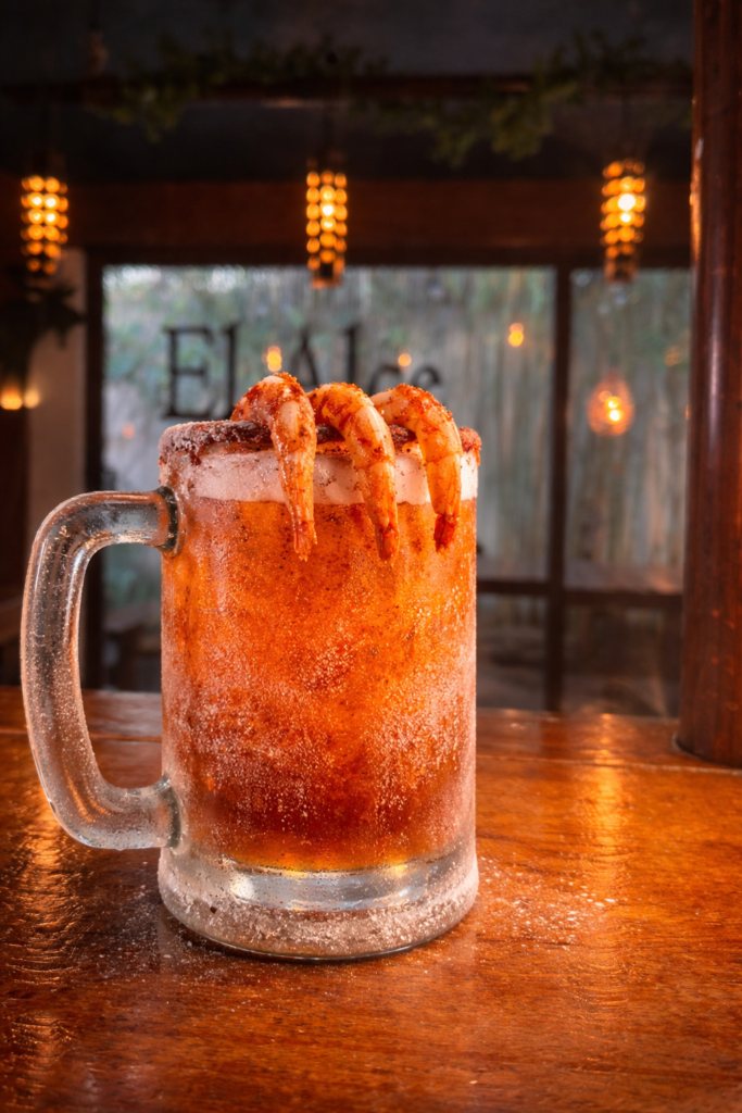 Sal de la rutina Sal de la rutina y toma un tarro frio de michelada con escarchado acompañado de camarones