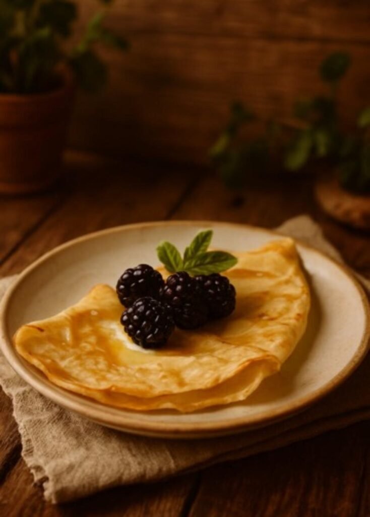 Sal de la rutina crepa dulce con miel, zarzamora y hojas de menta, ideal para brunch de fondo y ambiente rústico